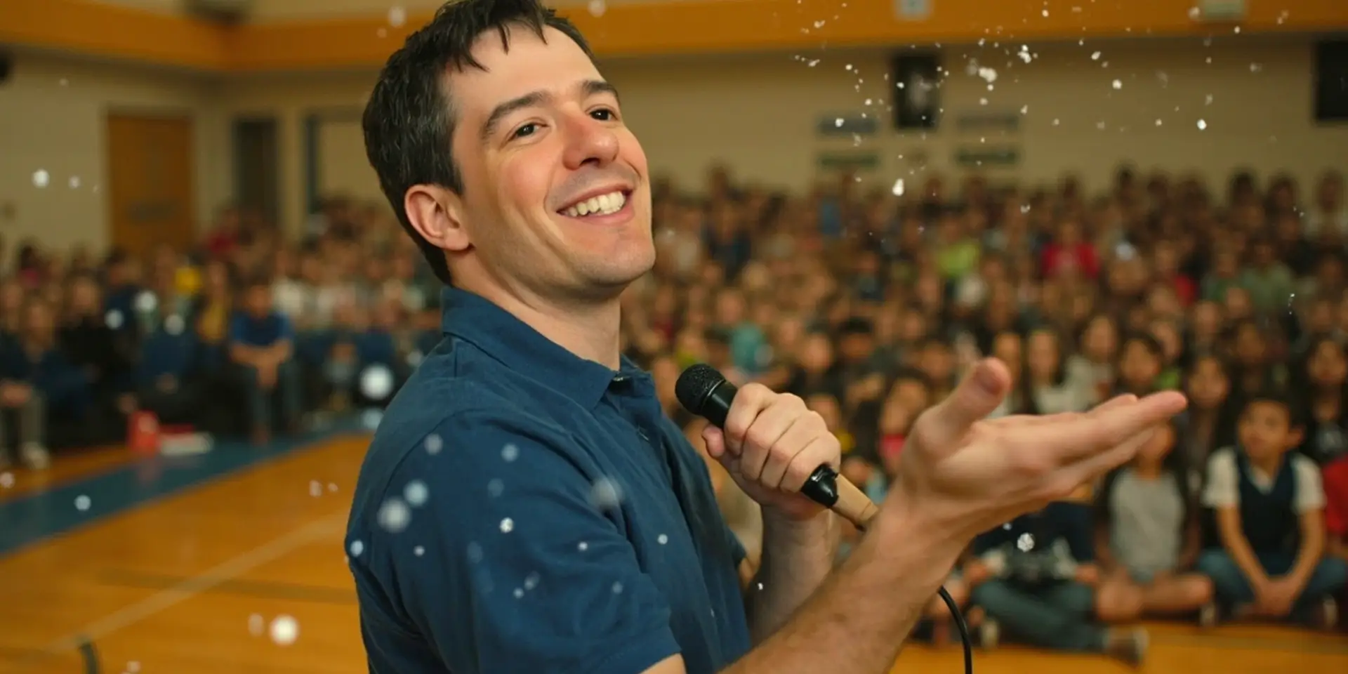 Christmahanukwanzamadan school assembly with indoor snowfall finale