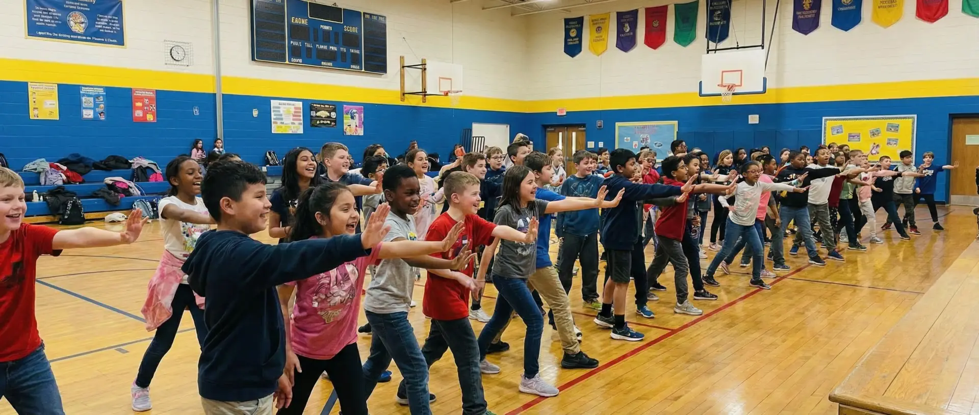 Large group of elementary students participating in an interactive game during the STAND Up for Respect anti-bullying school assembly.
